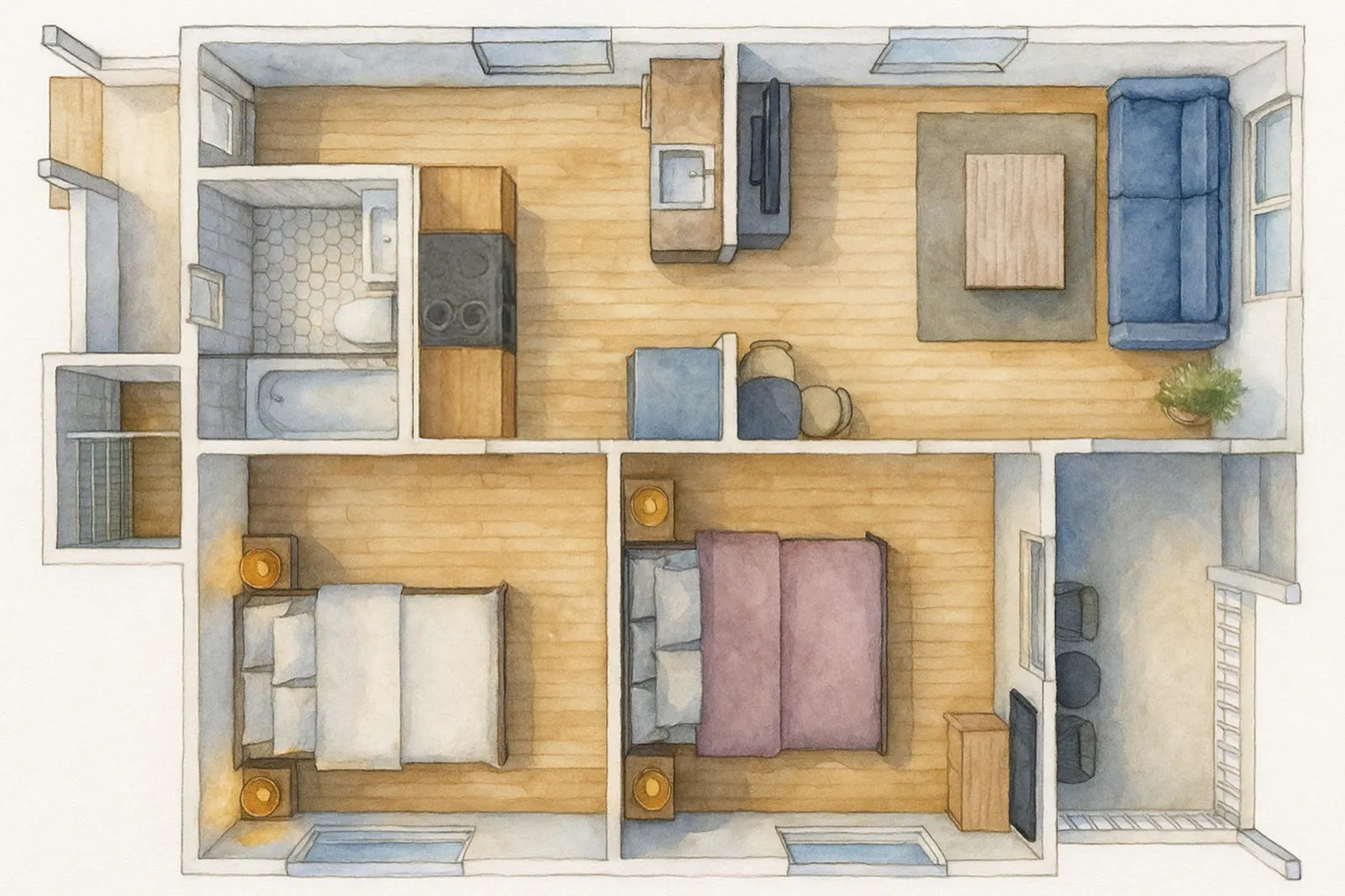 Watercolor floor plan of the cottage