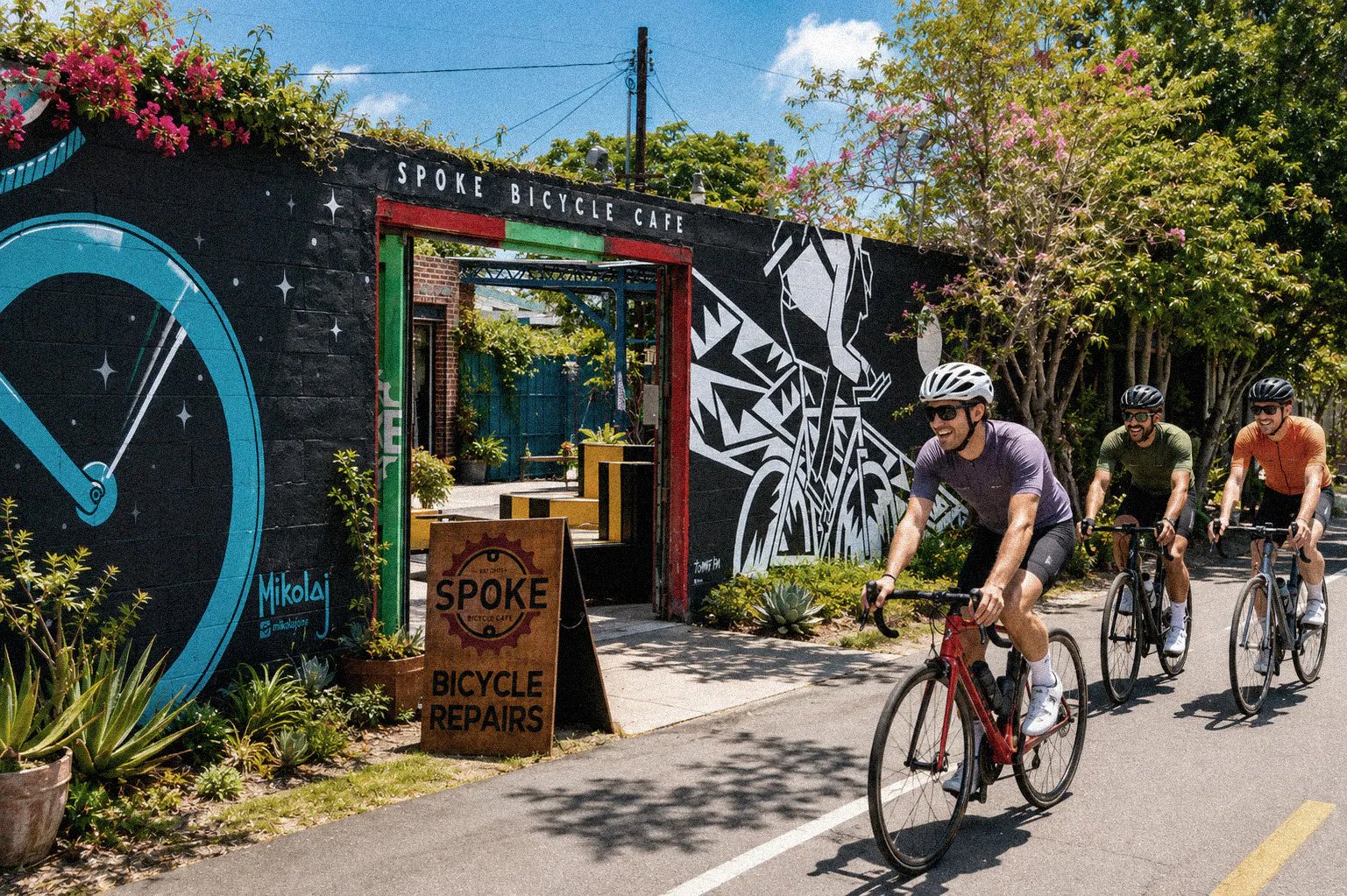 Spoke Bicycle Cafe's outdoor dining area off the bike path